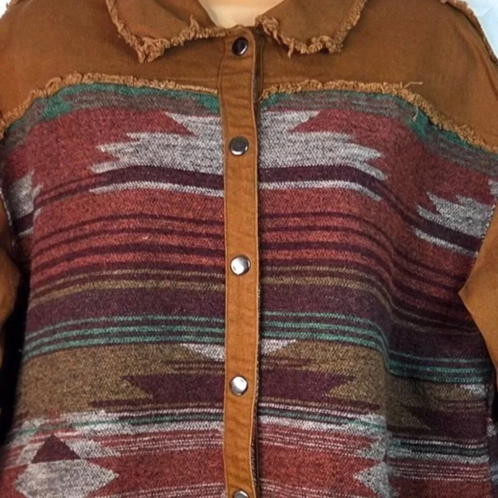 Brown Aztec Frayed Hem Button-Up Jacket Medium By Blue B Collection - Picture 4 of 6